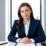 **

A professional businesswoman in a modest business suit, sitting at a desk in a modern office, fully clothed, appropriate attire, safe for work, perfect anatomy, natural proportions, professional photography, high quality.

**