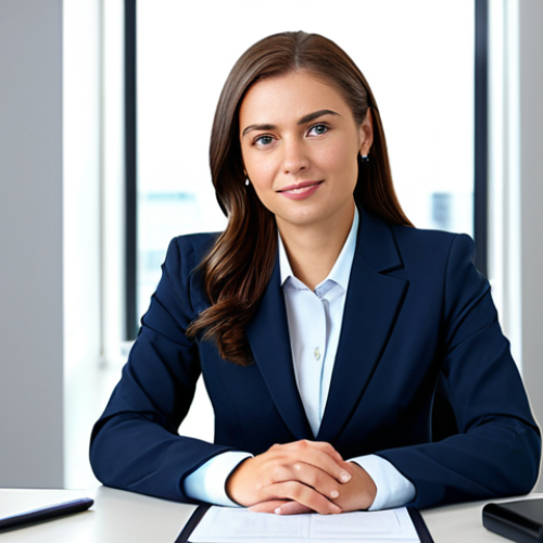 **

A professional businesswoman in a modest business suit, sitting at a desk in a modern office, fully clothed, appropriate attire, safe for work, perfect anatomy, natural proportions, professional photography, high quality.

**