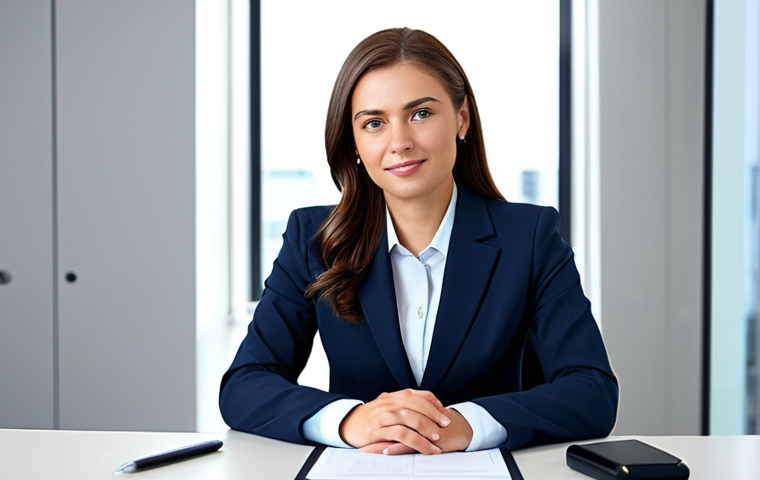 **
A professional businesswoman in a modest business suit, sitting at a desk in a modern office, fully clothed, appropriate attire, safe for work, perfect anatomy, natural proportions, professional photography, high quality.
**
