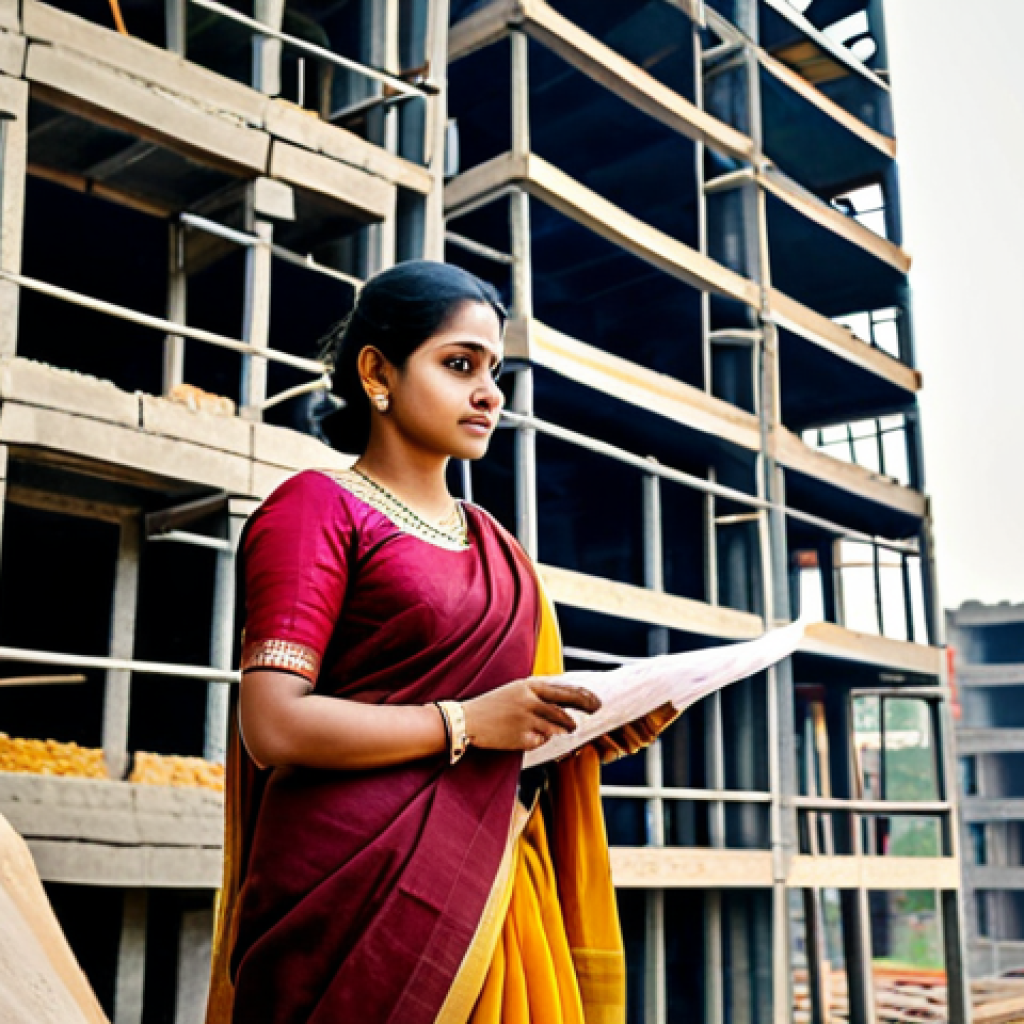 선택 기준 명확화 도구 및 소프트웨어 - ** A professional female architect, wearing a saree in a muted earth tone, stands confidently review...